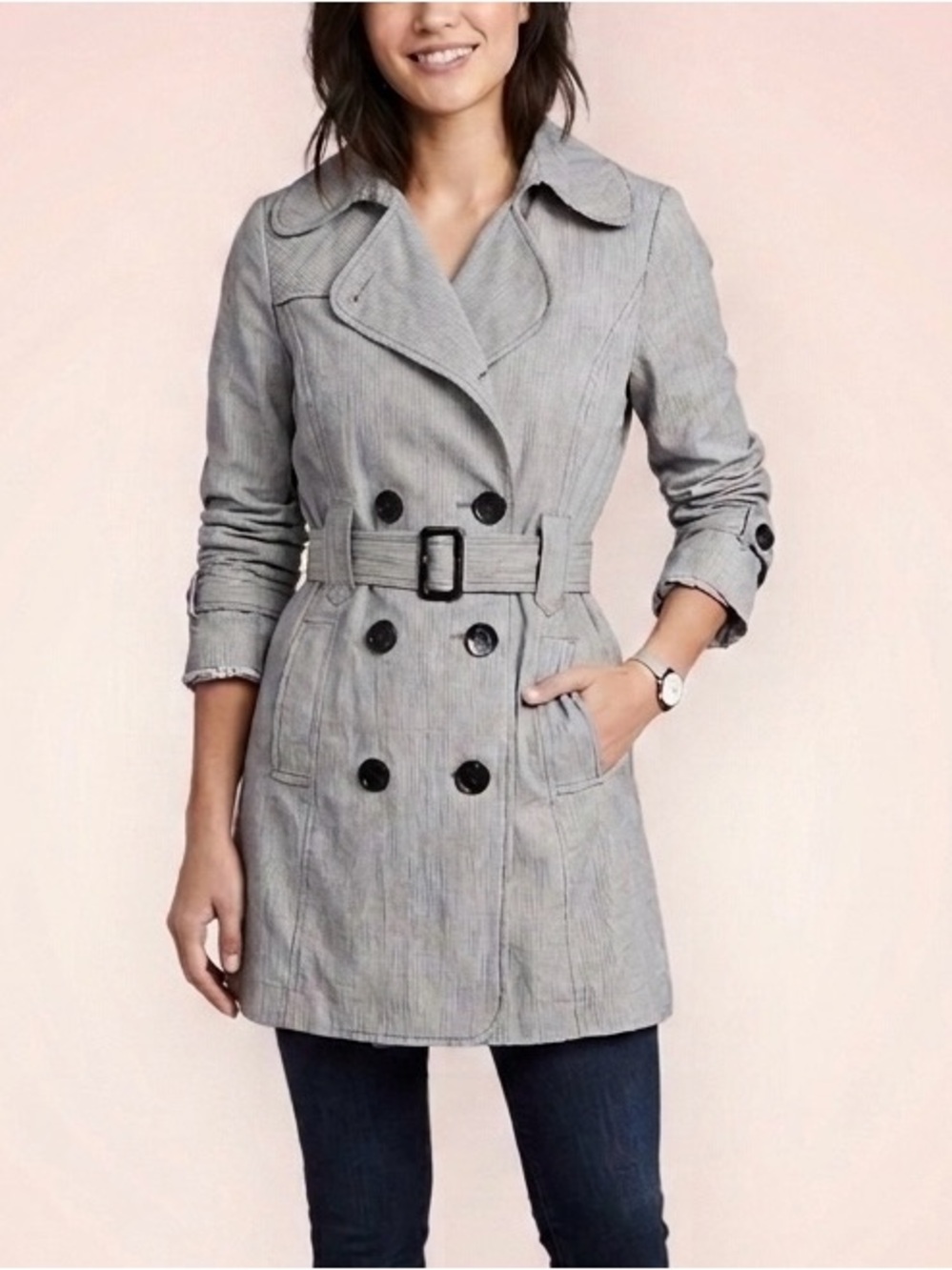 XOXO Vintage Black/White Pinstriped Midi Trench Coat Juniors M or Women’s S